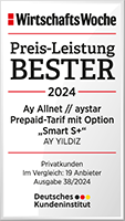 WirtschaftsWoche: Preis-Leistung Bester 2024 - Ay Allnet // aystar Prepaid-Tarif mit Option Smart S+