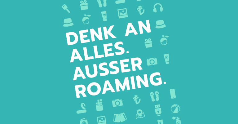 Grafik mit Reisesymbolen und großem Schriftzug vor türkisfarbenem Hintergrund